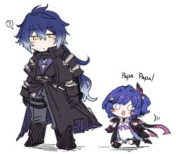  1boy 1girl ? absurdres antenna_hair black_coat black_gloves blue_hair chibi closed_mouth coat flins_(genshin_impact) genshin_impact gloves gradient_hair hair_between_eyes highres honkai:_star_rail honkai_(series) long_hair long_sleeves multicolored_hair purple_hair sesield white_background yellow_eyes 