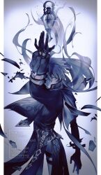  1boy arm_belt belt capelet coat commentary_request flins_(genshin_impact) floating_hair genshin_impact hair_between_eyes highres lantern long_hair long_sleeves male_focus monochrome multiple_belts pants parted_lips pillarboxed smile solo soyo2ng standing thigh_belt thigh_strap very_long_hair watermark 