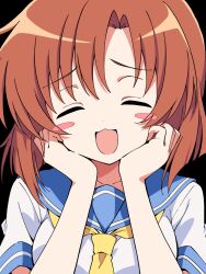  1girl :3 :d blue_sailor_collar blush_stickers breasts closed_eyes collarbone dot_nose facing_viewer highres higurashi_no_naku_koro_ni medium_breasts necktie niyane open_mouth orange_hair parted_bangs portrait ryuuguu_rena sailor_collar school_uniform serafuku shirt short_hair short_sleeves simple_background smile solo transparent_background white_shirt yellow_necktie 