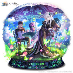  1boy 1girl black_capelet black_dress black_hair blue_sky breasts bug butterfly butterfly_hair_ornament cake cake_slice capelet closed_mouth clouds cloudy_sky colored_eyelashes commentary_request crossover cup dress echidna_(re:zero) falling_petals flower food frilled_dress frills full_body gem glowing_butterfly grass green_butterfly hair_between_eyes hair_ornament hair_slicked_back head_on_hand high_heels highres jacket last_cloudia long_hair long_sleeves looking_at_viewer medium_breasts natsuki_subaru official_art open_mouth outdoors petals purple_gem re:zero_kara_hajimeru_isekai_seikatsu round_table short_hair sky smile striped_clothes striped_dress sunlight sweatdrop table tea teacup track_jacket track_suit umbrella vase vertical-striped_clothes vertical-striped_dress very_long_hair white_eyelashes white_hair 