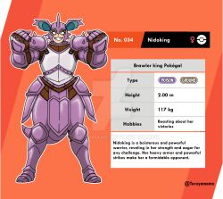  1girl androgynous animal_ears armor artist_name blank_eyes breastplate character_name character_profile clenched_hand cuirass deviantart_logo deviantart_username english_text fake_horns faulds full_body genderswap genderswap_(mtf) greaves hands_up helmet highres horned_helmet horns nidoking orange_background pauldrons personification pink_armor pokedex_number pokemon poleyn sabaton shoulder_armor smirk solo spiked_gauntlets spiked_pauldrons spikes tail taruyamame venus_symbol 