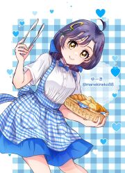  1girl apron basket blue_apron blue_bow blue_bowtie blue_skirt blush bow bowtie bread breasts checkered_apron checkered_background checkered_clothes commentary_request employee_uniform food gingham_apron gingham_clothes gingham_skirt hair_bow high-waist_skirt highres holding holding_basket holding_tongs kobeya_uniform long_hair looking_at_viewer low_twintails manekineko5319 multi-tied_hair pleated_shirt precure purple_hair shirt short_sleeves skirt smile solo suzumura_sango tongs tropical-rouge!_precure twintails waitress white_shirt yellow_bow 