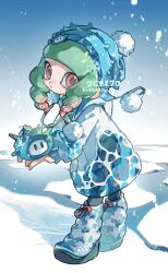  1girl beanie blue_boots blue_coat blue_hat blue_sky boots closed_mouth coat colored_tips drill_hair eggykoo0821 floating_hat green_hair hat highres leaning_forward long_hair looking_at_viewer multicolored_hair octoling octoling_girl octoling_player_character outdoors pom_pom_(clothes) red_eyes red_hair see-through_clothes see-through_coat sky snowing solo splatoon_(series) splatoon_3 super_sea_snail tentacle_hair twin_drills two-tone_hair water watermark winter 