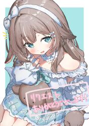  1girl :d animal_ears bare_shoulders blue_background blue_eyes blunt_bangs blush border bow_hairband brown_hair commentary_request cowboy_shot frilled_skirt frills green_skirt hairband hand_up highres indie_virtual_youtuber kaname_uto long_hair long_sleeves looking_at_viewer off-shoulder_shirt off_shoulder open_mouth outside_border pleated_skirt sheep_ears shinshin_(ssnsn_oekaki) shirt simple_background sitting skirt sleeves_past_wrists smile solo virtual_youtuber white_border white_hairband white_shirt 