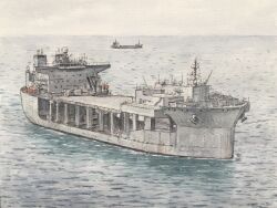  atelier_bono clouds cloudy_sky commentary_request highres lifeboat military_vehicle ocean original painting_(medium) sailing ship sky smokestack traditional_media united_states_navy uss_miguel_keith_(esb-5) vehicle_focus watercolor_(medium) watercraft 