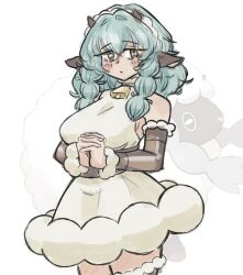  1girl alternate_costume animal_ears aqua_hair bare_shoulders bell blush_stickers braid breasts brown_eyes commentary cowbell cowboy_shot crossed_bangs detached_sleeves dress fur-trimmed_sleeves fur-trimmed_thighhighs fur_trim hair_between_eyes hairband horizontal_pupils horns kemonomimi_mode kimi_no_koto_ga_dai_dai_dai_dai_daisuki_na_100-nin_no_kanojo large_breasts long_hair long_sleeves looking_at_viewer neck_bell nemui_nemu own_hands_clasped own_hands_together palworld sheep_ears sheep_girl sheep_horns simple_background sketch sleeveless sleeveless_dress solo spanish_commentary thigh-highs twin_braids white_background white_dress white_hairband wooloo zarcon zettai_ryouiki 