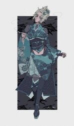  1girl bangs_pinned_back black_kimono commentary_request folded_ponytail gintama highres japanese_clothes kimono kiseru kunai kunai_hair_ornament mmsb_551 scar scar_on_cheek scar_on_face smoking_pipe solo tsukuyo_(gintama) weapon 