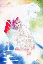  1980s_(style) 1boy 1girl abstract abstract_background barefoot blue_eyes dress earrings fa_yuiry from_side gundam highres jewelry kamille_bidan kneeling looking_at_another medium_hair non-web_source purple_hair red_lips retro_artstyle signature traditional_media umetsu_yasuomi water white_dress window zeta_gundam 