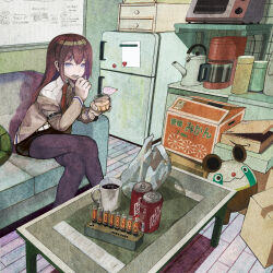 artist_request black_pantyhose black_shorts blue_eyes box coffee_mug collared_shirt crossed_legs cup dr_pepper eating food jacket long_hair makise_kurisu mug necktie open_mouth oven pantyhose pudding red_hair refrigerator science_adventure shirt shorts sitting steins;gate teapot third-party_source 