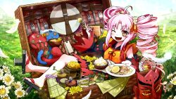  1girl ahoge bare_shoulders basket black_dress black_kimono black_sandals black_sleeves commentary_request curtained_hair detached_sleeves dress drill_hair fang feathers flower food fork geta grasslands hair_flower hair_ornament hair_ribbon highres holding holding_food jacket japanese_clothes kimono kimono_dress long_hair long_sleeves mask one_eye_closed onikko_hunter_tsuina-chan open_mouth orange_eyes orange_jacket orange_ribbon outdoors parted_bangs peru_co pink_hair plate pointy_ears red_dress red_rope red_sleeves red_trim ribbon rope sandals sandwich shimenawa skin_fang sleeveless sleeveless_dress solo sparkling_eyes spoon tasuki tengu-geta tsuina-chan twin_drills two-tone_sleeves unworn_mask very_long_hair voiceroid wide_sleeves 