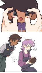  2girls ? amity_blight blush brown_eyes brown_hair character_doll dark-skinned_female dark_skin doll earrings haiy_yan3439 hands_in_pockets highres holding holding_doll jewelry long_sleeves luz_noceda medium_hair multicolored_hair multiple_girls overalls purple_hair spoken_blush spoken_question_mark star_(symbol) the_owl_house two-tone_hair white_background yellow_eyes 