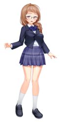  1girl black_jacket blazer blue_bow blue_bowtie blue_skirt blush bow bowtie braid braided_ponytail brown_eyes brown_hair collared_shirt dress_shirt full_body game_cg glasses grey-framed_eyewear hair_over_shoulder jacket kamitsurugi_ouka kouyoku_senki_exs-tia_concert kunijima_chiaki large_variant_set loafers long_hair long_sleeves looking_at_viewer miniskirt non-web_source official_art open_mouth orange_eyes plaid_bow plaid_bowtie plaid_clothes plaid_skirt pleated_skirt purple_skirt rimless_eyewear school_uniform self-datamine semi-rimless_eyewear shirt shoes simple_background single_braid skirt socks solo standing tachi-e transparent_background variant_set white_shirt white_socks 