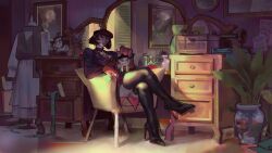  1girl black_thighhighs blazer bob_cut chair cleavage_cutout clothing_cutout coat deadlock_(game) drawer dress english_commentary gloves high_heels highres jacket long_sleeves looking_at_viewer mickkhaeel mina_(deadlock) mirror open_drawer open_mouth painting_(object) plant pointy_ears potted_plant puffy_sleeves red_eyes red_gloves sitting stuffed_toy table thigh-highs tongue tongue_out vampire vanity_table 