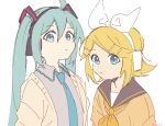  2girls ahoge aqua_eyes aqua_hair aqua_necktie black_sailor_collar blonde_hair blue_eyes bow brown_cardigan cardigan closed_mouth dot_nose expressionless grey_shirt hair_bow hair_ornament hairclip hatsune_miku headphones highres kagamine_rin long_hair looking_at_viewer m0ti multiple_girls neckerchief necktie orange_neckerchief orange_sweater sailor_collar shirt short_hair simple_background sketch sweater swept_bangs twintails upper_body very_long_hair vocaloid white_background white_bow 