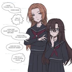  2girls akaruiakiki alternate_universe april_fools asymmetrical_bangs black_serafuku black_skirt bluesky_username brown_hair collarbone commentary cowboy_shot crossed_arms curtained_hair dream_journey_(umamusume) earrings english_commentary glasses grey_eyes hair_between_eyes hand_on_own_chin hatching_(texture) highres humanization jewelry linear_hatching long_hair long_sleeves looking_at_viewer multiple_girls muted_color neckerchief orange_hair orfevre_(umamusume) pleated_skirt red_neckerchief school_uniform semi-rimless_eyewear serafuku siblings sidelocks simple_background sisters skirt speech_bubble spoken_sweatdrop sweatdrop twitter_username umamusume under-rim_eyewear watermark watermark_grid white_background winter_uniform 