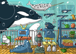  ._. 1girl absurdres air_bubble animal animal_focus ball basketball_(object) beluga_whale bird black_hair blue_shirt box broom bubble building cat chair closed_mouth commentary_request crt dustpan fishbowl floating_hair flood from_behind highres jar kisaya_(mvtx7343) long_hair looking_at_animal narwhal ocean on_rooftop on_stool orange_cat orca original penguin plant portable_stove potted_plant profile rabbit_ears_antenna shelf shirt shoes skirt solo standing stool table teapot underwater watering_can white_cat yellow_shoes yellow_skirt 