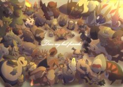  1boy alternate_color ambipom arms_behind_back ash_ketchum baseball_cap bayleef black_hair black_shoes blue_shorts blue_vest boldore buizel bulbasaur butterfree charizard charmander closed_eyes closed_mouth commentary_request corphish donphan dracovish dragonite english_text fire flame-tipped_tail gengar gible glalie gliscor goodra greninja hat hawlucha heracross highres incineroar infernape kingler krookodile lapras larvitar leavanny lucario lycanroc lycanroc_(dusk) lying melmetal mr._mime muk naganadel noctowl noivern on_back open_clothes open_mouth open_vest oshawott palpitoad pidgeot pikachu plant pokemon pokemon_(anime) pokemon_(classic_anime) pokemon_(creature) pokemon_journeys primeape quilava rowlet ru_ka_p sceptile scraggy shiny_pokemon shirt shoes short_hair short_sleeves shorts sirfetch'd sitting smile snivy snorlax solgaleo staraptor sunglasses swellow tail talonflame tauros teeth tepig torkoal torterra totodile unfezant unfezant_(female) vest vines white_shirt 