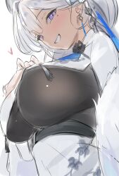  1girl blush breasts clothes_lift dress earrings flower goddess_of_victory:_nikke hair_flower hair_ornament heart highres jewelry looking_at_viewer looking_to_the_side mole mole_under_eye open_mouth sideboob sketch smile snow_crane_(nikke) solo under_boob uzzy2801 violet_eyes white_dress white_hair 