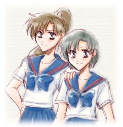 2girls bishoujo_senshi_sailor_moon hand_on_another's_shoulder kino_makoto long_hair looking_at_viewer lowres mizuno_ami multiple_girls ponytail school_uniform short_hair simple_background smile takano_saku 