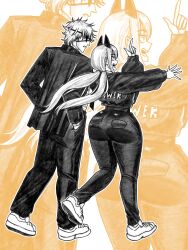  01leteo ass black_horns black_pants black_sweater chainsaw_man clothes_writing demon_girl denji_(chainsaw_man) eyepatch hair_between_eyes hands_in_pockets highres horns huge_ass long_hair pants power_(chainsaw_man) shoes short_hair sweater thick_thighs thighs twintails walking white_shoes wide_hips 