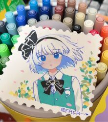  1girl art_tools_in_frame black_bow black_bowtie black_hairband blue_eyes bow bowtie chinese_commentary collared_shirt commentary_request fafa falling_petals green_vest grey_hair hairband highres konpaku_youmu looking_at_viewer marker_(medium) open_mouth petals photo_(medium) pink_petals postage_stamp_(medium) shirt short_hair solo touhou traditional_media vest white_shirt 