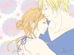 1boy 1girl aco_lovesan73 bikini blonde_hair blue_bikini blue_shirt closed_eyes commentary_request curly_eyebrows eyelashes facial_hair flower goatee hair_bun hug mustache nami_(one_piece) one_piece orange_hair profile sanji_(one_piece) shirt swimsuit twitter_username 