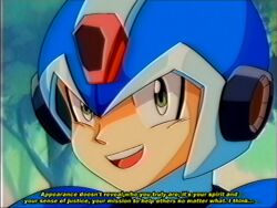  1990s_(style) 1boy 1girl android animal_ears armor black_hair blue_armor blue_helmet english_commentary faux_retro_artstyle fenomeno_(black_flames_of_the_righteous_spirit)_(umamusume) fenomeno_(umamusume) flipped_hair forehead_jewel forest gloves green_eyes hat helmet highres holding holding_unworn_clothes holding_unworn_hat horse_ears horse_girl jacket long_hair long_sleeves looking_at_viewer lueduar mega_man_(series) mega_man_x_(series) multicolored_hair nature open_mouth peaked_cap purple_hair retro_artstyle robot robot_ears smile subtitled tears teeth two-tone_hair umamusume unworn_hat unworn_headwear upper_teeth_only vhs_artifacts violet_eyes white_gloves x_(mega_man) 