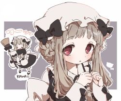  1girl black_bow black_dress blunt_bangs boro_(tn-boro) bow broom chibi closed_eyes commentary_request dress grey_background grey_hair hands_up hat highres holding holding_broom long_hair long_sleeves looking_at_viewer magical_girl mahou_shoujo_ikusei_keikaku mahou_shoujo_ikusei_keikaku_restart maid mob_cap multiple_views nokko-chan red_eyes translation_request white_hat 