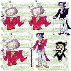 2026 2boys 2d ant_tenna artist_name black_hair black_shoes cane colored_skin commentary cropped_torso crt deltarune deviantart_sample deviantart_watermark digital_media duo english_commentary full_body glasses gloves hand_on_own_chest humanoid humanoid_robot image_sample long_sleeves male male_focus male_only multiple_boys necktie no_eyes object_head official_art_inset outstretched_arms pants pink-tinted_eyewear pixel_art_inset pointy_nose radio_antenna red_suit robot robot_boy shoes short_hair simple_background size_difference solitudekillz spamton_g._spamton spamton_g._spamton_(big_shot) standing suit tailcoat television tinted_eyewear too_many_watermarks utdr_(toby_fox) watermark white_background white_gloves white_pants white_skin yellow-tinted_eyewear yellow_necktie yellow_shoes 