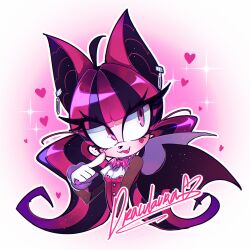  1girl absurdres ahoge animal_ears bat_ears bat_girl bat_wings black_hair character_name commentary draculaura english_commentary facial_mark furrification furry furry_female gloves haako_060 heart heart_facial_mark highres jewelry looking_at_viewer low_twintails monster_high monster_high_(g1) multicolored_hair necklace pink_eyes pink_hair pink_shirt shirt solo sonic_(series) thick_eyebrows twintails two-tone_hair white_gloves wings 