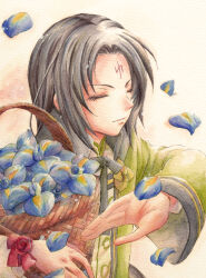  1boy basket black_hair closed_eyes closed_mouth commentary_request facial_mark fire_emblem fire_emblem:_path_of_radiance fire_emblem_heroes flower flower_basket forehead_mark holding holding_basket kombukombu male_focus official_alternate_costume petals solo soren_(fire_emblem) soren_(valentine)_(fire_emblem) 
