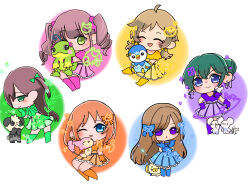  6+girls ari_(oshi_no_ko) b-komachi_(old) blonde_hair blue_boots blue_dress blue_eyes blue_hair boots bow brown_hair closed_eyes dress fidough frills green_boots green_dress green_eyes hair_bow hair_ornament highres holding holding_microphone idol idol_clothes kyun_(oshi_no_ko) long_hair maushold maushold_(family_of_four) meimei_(oshi_no_ko) microphone multiple_girls niino_fuyuko one_eye_closed orange_boots orange_dress orange_hair oshi_no_ko pancham pink_boots pink_dress piplup pokemon pokemon_(creature) politoed purple_boots purple_dress short_hair skitty smile takamine_(oshi_no_ko) twintails user_mufy2732 watanabe_(oshi_no_ko) yellow_boots yellow_dress 