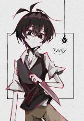  1boy ahoge antenna_hair black_border black_eyes black_hair black_vest border canvas_texture character_name closed_mouth collared_shirt commentary_request covered_groin cowboy_shot dot_mouth dot_nose hair_between_eyes highres holding holding_knife holding_weapon knife light_bulb male_focus messy_hair omori outside_border pale_skin pants rein_(dpgf7477) shirt short_hair short_sleeves sketch solo sunny_(omori) sweater_vest v-neck vest weapon white_background white_shirt white_sleeves 