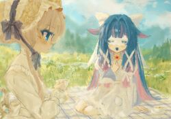  2girls black_hair blue_eyes blush bonnet bow brown_hair closed_eyes closed_mouth columbina_(genshin_impact) commentary_request cookie cup day dress eye_mask food food_on_face genshin_impact grass hair_bow hair_flaps hair_ornament headdress highres holding holding_cookie holding_cup holding_food long_hair long_sidelocks long_sleeves mask multicolored_hair multiple_girls on_blanket open_mouth outdoors picnic picnic_blanket purple_hair purple_streaks ribbon sabasba sandrone_(genshin_impact) see-through_clothes see-through_mask short_hair short_hair_with_long_locks sidelocks sitting smile streaked_hair teacup two-tone_hair very_long_hair white_dress white_headdress white_mask winding_key 