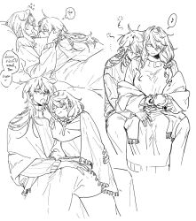  1boy 1girl blanket blush breasts closed_eyes closed_mouth couple cowboy_shot dot_nose earrings feeding feet_out_of_frame food frilled_hair_tie fruit gohagan_(unholymilk) hair_between_eyes hair_ornament hair_over_one_eye hand_on_another's_head hand_on_another's_knee highres holding holding_food holding_fruit holding_knife hug hug_from_behind jewelry knife large_breasts long_hair long_sleeves looking_at_another looking_at_food lying_on_person monochrome multiple_rings multiple_views musical_note open_mouth original peeling ring simple_background sitting sitting_on_person sketch smile speech_bubble spoken_musical_note sweater thai_text thought_bubble translation_request unholymilk upper_body white_background 