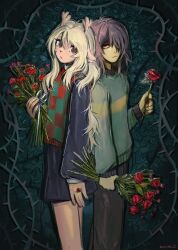  1girl 1other an-coinin animal_ears antlers back-to-back blonde_hair blood bouquet brown_eyes brown_hair checkered_sweater_vest colored_skin commentary deer_antlers deer_ears deer_girl deltarune flower furry furry_female green_background green_sweater hair_over_one_eye highres holding holding_bouquet holding_flower horns jewelry kris_(deltarune) long_hair looking_at_viewer medium_hair noelle_holiday plant red_eyes red_flower red_rose ring rose signature sweater thorn_ring_(deltarune) thorns utdr_(toby_fox) vines weird_route_(deltarune) yellow_skin 