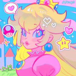  1girl blonde_hair blue_eyes breasts castle crown dress earrings halftone heart highres jewelry long_hair looking_at_viewer mario outdoors pastel_colors pink_dress pointed_crown portrait princess_peach sakuritah signature solo sparkle sphere_earrings spoken_heart sticker super_mario_bros. super_mushroom super_star_(mario) thick_lips 