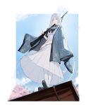  1girl absurdres architecture black_bow blue_archive blue_sky bow bowtie cherry_blossoms closed_mouth clouds commentary_request dangoyoo east_asian_architecture falling_petals from_below grey_eyes grey_hair gun halo haori highres holding holding_gun holding_weapon japanese_clothes long_skirt nagusa_(blue_archive) petals pleated_skirt sailor_collar school_uniform serafuku skirt sky solo standing weapon white_sailor_collar white_serafuku white_skirt zouri 