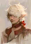  1girl alisaie_leveilleur artist_name blue_eyes brown_background commentary detached_collar earclip elezen elf english_commentary final_fantasy final_fantasy_xiv from_side hair_over_one_eye hair_ribbon highres looking_at_viewer low_ponytail messy_hair one_eye_covered painterly pointy_ears portrait realistic ribbon scherville signature simple_background smile solo swept_bangs white_hair 
