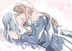  2girls bang_dream! bang_dream!_it's_mygo!!!!! blue_eyes blue_hair blue_skirt blunt_bangs blush brown_hair closed_eyes collar commentary commentary_request facing_another falling_petals hair_ribbon hand_on_another's_neck imminent_kiss jenjen long_hair long_sleeves looking_at_another lying multiple_girls nagasaki_soyo parted_bangs petals pleated_skirt ribbon school_uniform simple_background skirt smile teeth togawa_sakiko white_background white_collar yuri 