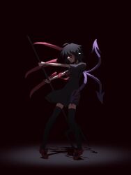  1girl asymmetrical_wings black_background black_dress black_hair black_thighhighs closed_mouth commentary dress english_commentary expressionless full_body highres holding holding_polearm holding_weapon houjuu_nue img_itm outstretched_arms overlighting pigeon-toed pointy_ears polearm red_shoes shadow shoes short_dress short_hair solo spotlight standing thigh-highs touhou trident weapon wings zettai_ryouiki 