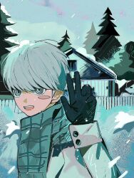  1boy black_gloves blush_stickers gloves green_scarf grey_eyes highres house j0566 male_focus narukami_yu open_mouth outdoors persona persona_4 pine_tree ringed_eyes scarf short_hair solo tree upper_body winter winter_clothes 