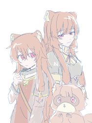 2girls :| animal_ear_fluff animal_ears armor blunt_bangs breastplate breasts brown_dress brown_hair child closed_mouth collar commentary double-parted_bangs dress flat_color grey_armor hair_between_eyes hair_tubes highres light_smile long_hair long_sleeves looking_at_another looking_at_viewer messy_hair metal_collar metal_hair_tubes metal_wrist_cuffs multiple_girls neck_ribbon pauldrons raccoon_ears raccoon_girl raph-chan raphtalia raphtalia_(young) red_dress red_eyes red_ribbon ribbon short_sleeves shoulder_armor simple_background single_pauldron sketch sleeveless sleeveless_dress small_breasts straight_hair swept_bangs tanuki tate_no_yuusha_no_nariagari two-tone_dress untranslatable_commentary upper_body vekkou777 white_background yellow_dress 
