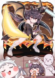  1other 2girls =_= absurdres ahoge bandaged_foot bandages bare_shoulders black_dress black_hair blush_stickers breasts chibi closed_eyes commentary_request daya_(trickcal) dragon_girl dragon_horns dragon_tail dragon_wings dress dual_wielding eating fang feet fewer_digits full_body gold_thighlet hair_tubes headpat highres holding horns jewelry kidian_(trickcal) kitaakari_oimo leader_(trickcal) low_twintails multiple_girls nervous_sweating off_shoulder open_mouth pelvic_curtain pointy_ears red_eyes slit_pupils small_breasts smile speech_bubble sweat tail tassel thighlet toes trickcal twintails white_hair wings 
