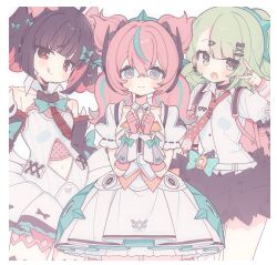  3girls angels_of_delusion aria_(zenless_zone_zero) arm_warmers ayase_(chiiit_r) bag bare_shoulders black_hair black_skirt blue_eyes blush bow colored_inner_hair commentary_request dress fingerless_gloves gloves green_bow green_eyes green_hair hair_bow hair_ornament halo highres looking_at_viewer multicolored_hair multiple_girls nangong_yu necktie open_mouth pink_hair red_eyes red_necktie shirt skirt smile streaked_hair striped_arm_warmers sunna_(zenless_zone_zero) thigh-highs twintails white_dress white_shirt white_wings wings zenless_zone_zero 