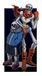  2020 2boys 2d aqua_eyes arm_on_another's_head armor black_background black_shorts blue_jacket blue_shorts boots border brothers cape commentary digital_media duo elbow_rest english_commentary fur-trimmed_jacket fur_trim gloves glowing glowing_eye grey_fur grey_outline hand_up hands_in_pockets height_difference hollow_eyes humanoid jacket long_sleeves looking_at_viewer male male_focus male_only monster monster_boy multiple_boys open_clothes open_jacket orange_eyes outline outside_border papyrus_(undertale) pink_slippers red_boots red_cape red_gloves sans_(undertale) shorts siblings simple_background single_vertical_stripe skeleton slippers socks striped_pants sweater teeth transparent_border undead undertale utdr_(toby_fox) vernoth vertical-striped_clothes vertical-striped_pants white_armor white_socks white_stripes yellow_sweater 