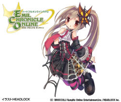  1girl arm_belt artist_request belt_collar black_boots black_corset black_skirt black_thighhighs blonde_hair boots butterfly_hair_ornament collar company_name copyright_logo copyright_notice corset detached_sleeves emil_chronicle_online frilled_shirt frilled_sleeves frills hair_ornament logo necktie official_art open_mouth orange_eyes purple_thighhighs red_necktie shirt skirt sleeveless sleeveless_shirt solo spider_web_hair_ornament split_ponytail striped_clothes striped_thighhighs tarantula_alma thigh-highs white_background white_shirt wide_sleeves 