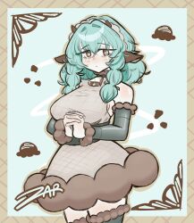  1girl alternate_costume animal_ears aqua_hair bare_shoulders bell black_thighhighs border braid breasts brown_eyes commentary cowbell cowboy_shot crossed_bangs detached_sleeves dress food-themed_clothes fur-trimmed_sleeves fur-trimmed_thighhighs fur_trim hair_between_eyes hairband highres horizontal_pupils horns kemonomimi_mode kimi_no_koto_ga_dai_dai_dai_dai_daisuki_na_100-nin_no_kanojo large_breasts long_hair long_sleeves looking_at_viewer mint_chocolate neck_bell nemui_nemu ornate_border own_hands_clasped own_hands_together sheep_ears sheep_girl sheep_horns signature simple_background sleeveless sleeveless_dress solo spanish_commentary thigh-highs twin_braids white_hairband zarcon zettai_ryouiki 