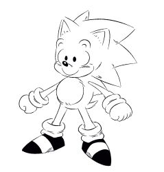  1boy animal_ears animal_nose ashofourtime closed_mouth dragon_ball dragon_ball_(classic) full_body furry furry_male gloves greyscale male_focus monochrome parody shoes simple_background smile sonic_(series) sonic_the_hedgehog standing style_parody toriyama_akira_(style) white_background white_gloves 