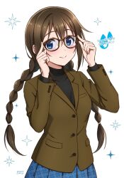  1girl adjusting_eyewear black_shirt blue_eyes blue_skirt braid breasts brown_hair brown_jacket character_logo ckst commentary_request glasses hair_between_eyes happy_birthday highres jacket large_breasts long_sleeves looking_at_viewer love_live! love_live!_nijigasaki_high_school_idol_club osaka_shizuku plaid_clothes plaid_skirt pleated_skirt shirt signature simple_background skirt smile solo sparkle turtleneck turtleneck_shirt twin_braids upper_body white_background 